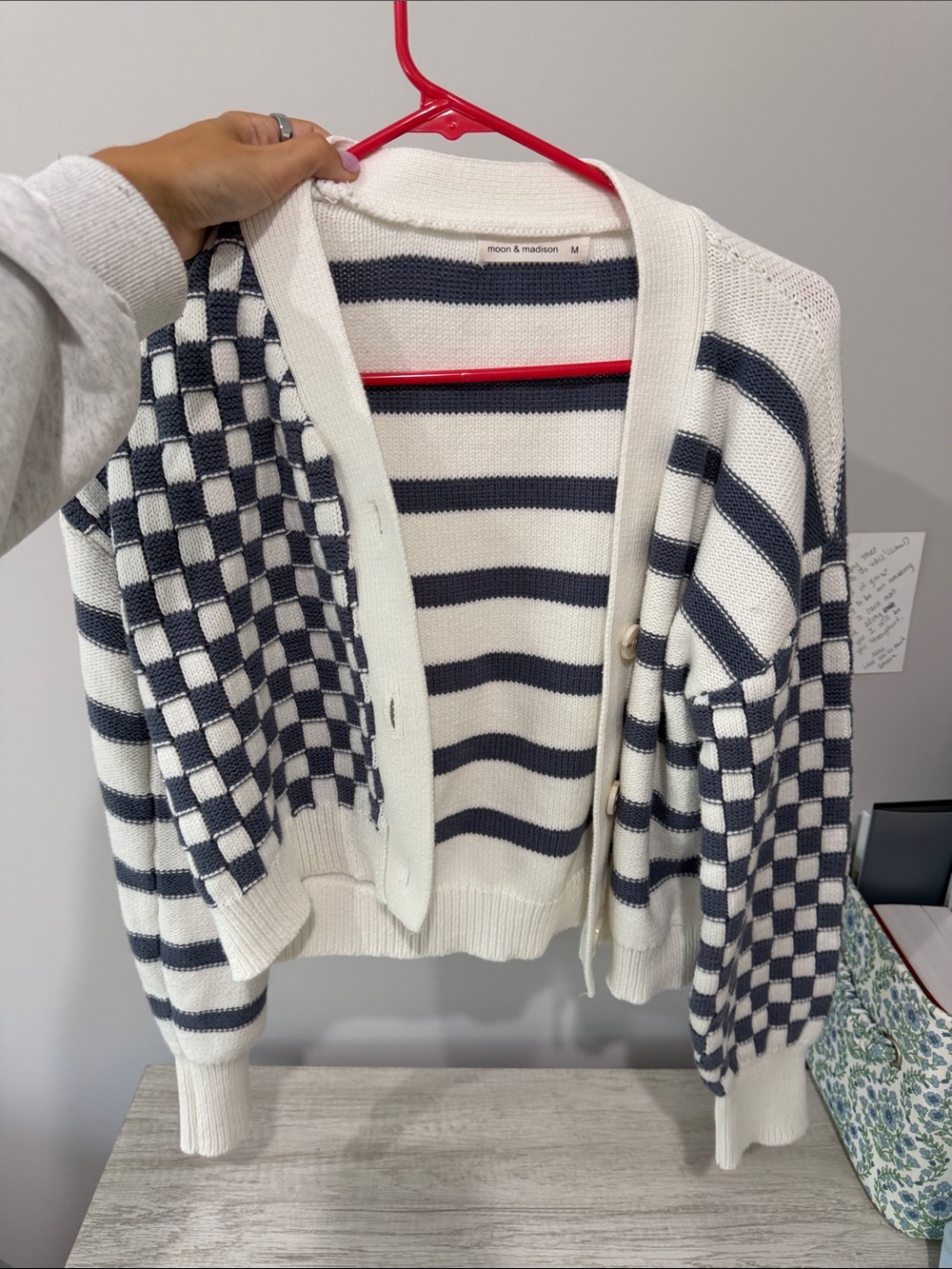 moon & madison Cream and Navy Mixed-Stripe Checker Cardigan